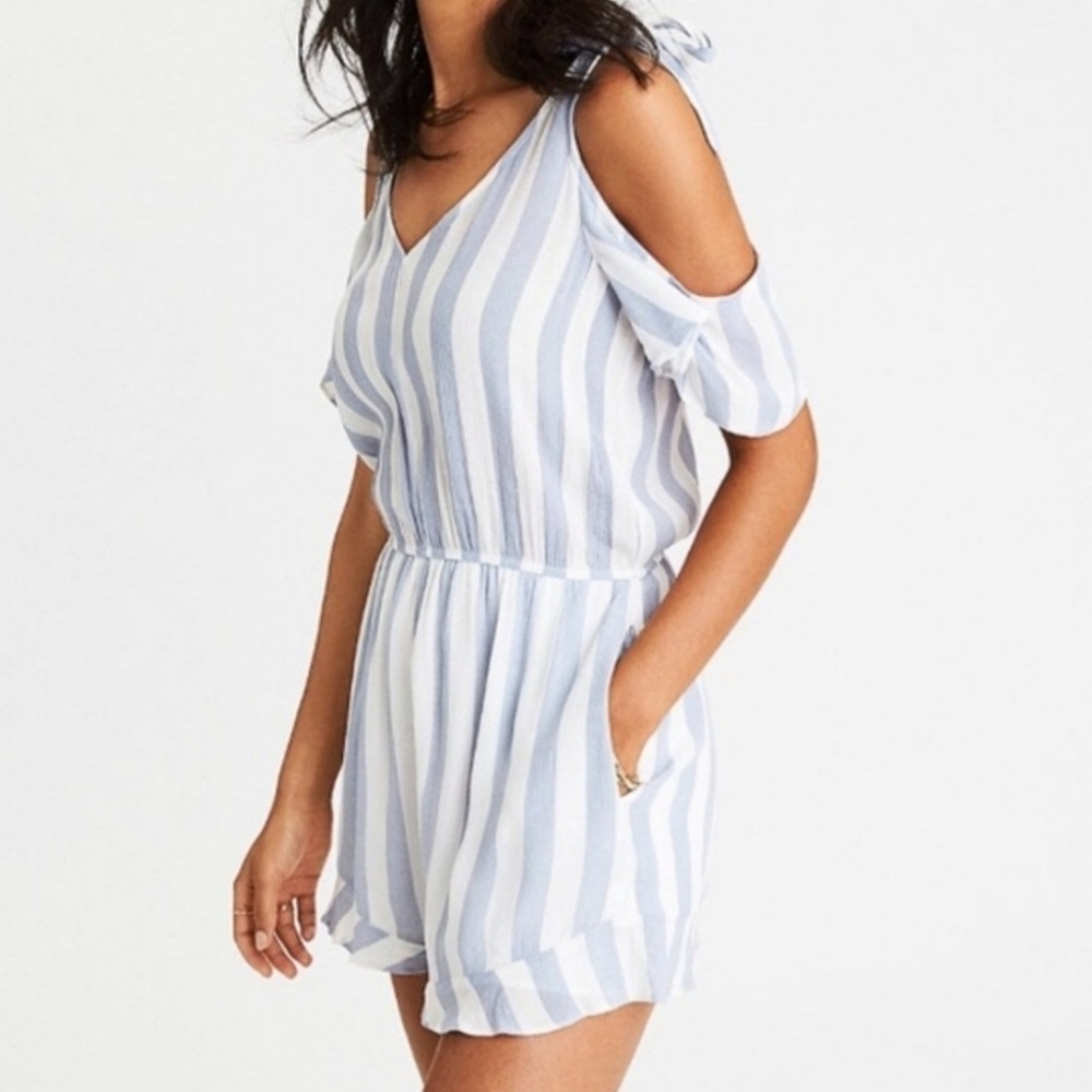 American Eagle striped tie strap cold shoulder romper blue white XS